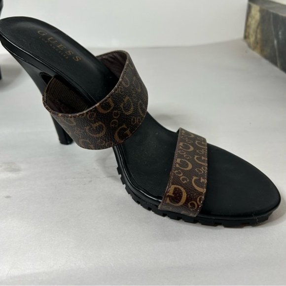 Guess Womens Strappy Slip On Heels Size 10 Black Sole Brown Upper Guess Logo - Picture 8 of 8